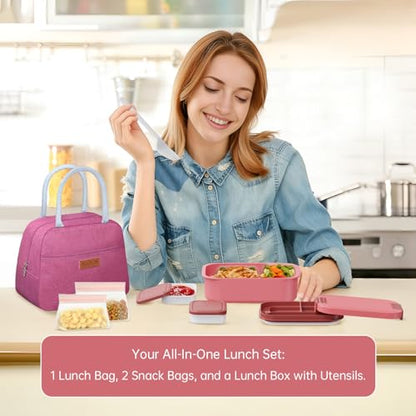 JBGOYON 4-in-1 Bento Box and Insulated Lunch Bag Set, Red | 6-hour insulation, 7.5 L lunch bag, leakproof 1.9 L container with 2 sauce cups, fork and spoon, 2 snack bags, BPA-fre - color: Red