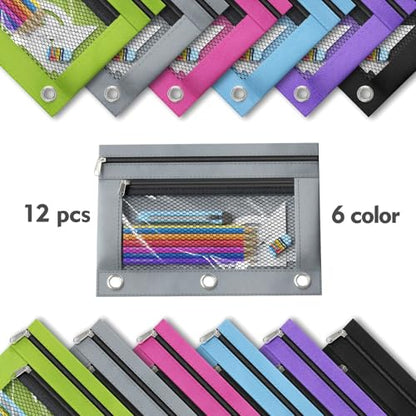 DoDoMagxanadu Binder Pencil Pouches, Pencil Pouch for 3 Ring Binder, Double Pocket Clear Window Pencil Case for Binder, Zippered Pencil Pouches with Rivet Enforced 3 Ring, 12 Pack