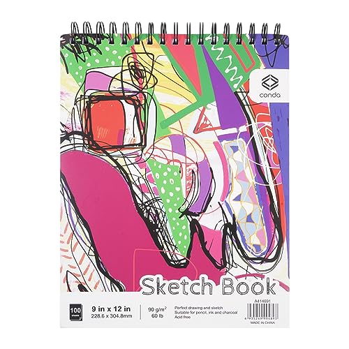 CONDA 9 x 12 Inch Sketchbook, Top Spiral Bound Sketch Pad, 100 Sheets (60 lb/90 GSM), Durable Acid-Free Sketch Paper, Drawing and Sketching Paper for Kids Adult Beginners - color: Colorful, size: 9"x12" 1 Pack