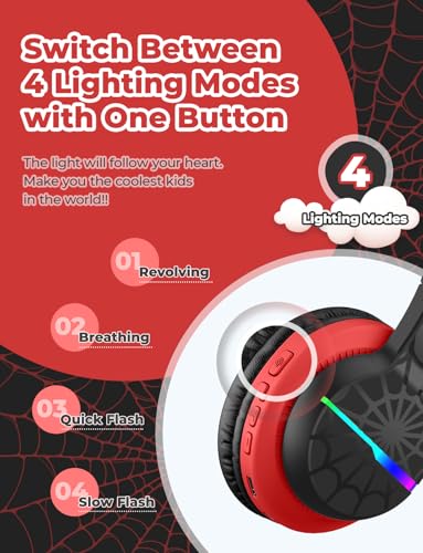 iClever BTH12 Kids Bluetooth Headphones,Colorful LED Lights,74/85dBA Safe Volume,85H Playtime,Fast Charging,Bluetooth 5.2,Over Ear Kids Headphones Wireles for iPad/Tablet/Airplane,Black/Red - color: Black/Red
