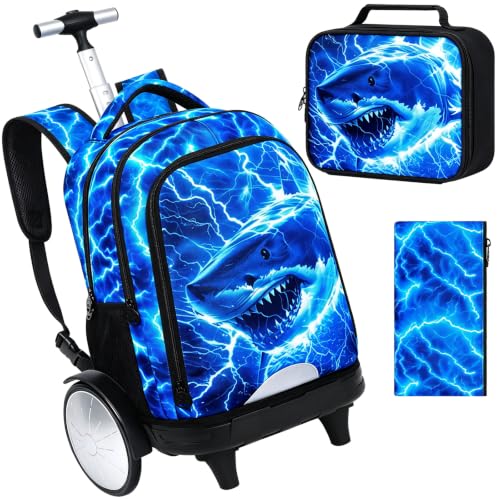 3Pcs Large Rolling Backpack for Boys, 20 Inch Detachable Wheeled Bookbag with Lunch Box, Durable Lightning Shark Roller Backpack for Elementary Middle School (Blue) - color: Large Wheels Shark Blue