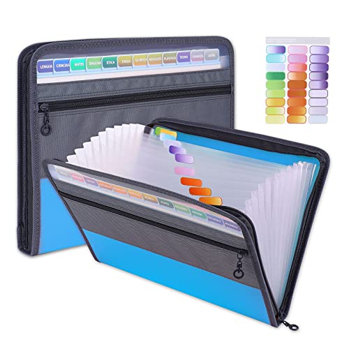 MEGREZ Expanding File Folder with 13 Pockets, A4 Paper File Folder with Zipper Color Labels, Waterproof Accordion File Folder Organizer for Home Office, Blue - color: Blue