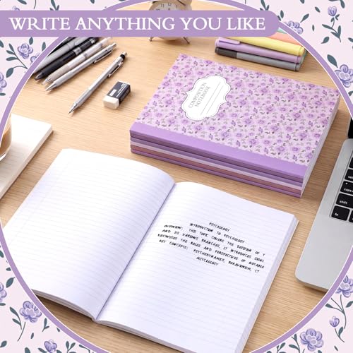 MotiMind 6 Pcs Purple Flower Composition Notebook College Ruled Back to School Wildflower Pretty Wide Ruled Composition Book 110 Page 7-1/2" x 9-3/4" Aesthetic Journal Gift for Teacher Class Office - style: Purple