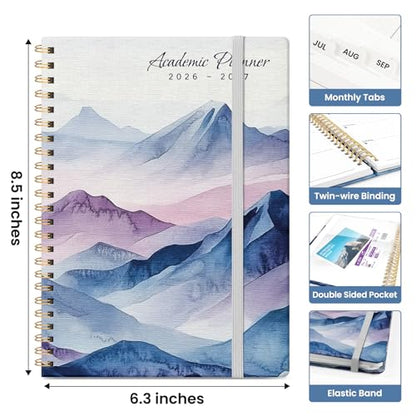 Planner 2026-2027, Academic Monthly and Weekly Calendar Planner for Women, July 2026 - June 2027, Hardcover Pretty Agenda Planner Book with Tabs, Spiral Daily Organizer for School Office Home Supplies, 6.3" x 8.5" - Distant Peaks - color: F-Distant Peaks,