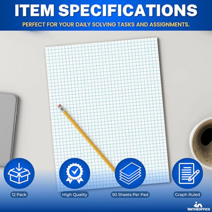 1InTheOffice Graph Paper Pad, Quadrille-Rule Glue Top Pads, Quadrille Rule (4 sq/in) White 8.5 x 11, 50 Sheets, 24 pack