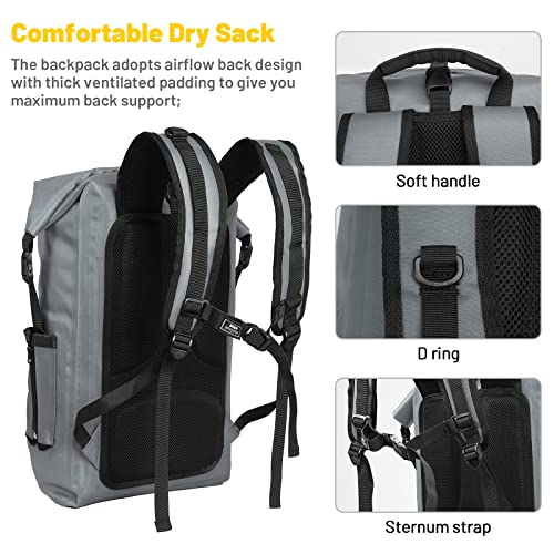 MIER Roll Top Waterproof Backpack Floating Dry Bag for Men Women | Heavy Duty Dry Sack, Cushioned Back, Multi-Pockets, Adjustable Chest Strap,For Kayaking Beach Boating Swimming Hiking Travel - color: Dark Gray