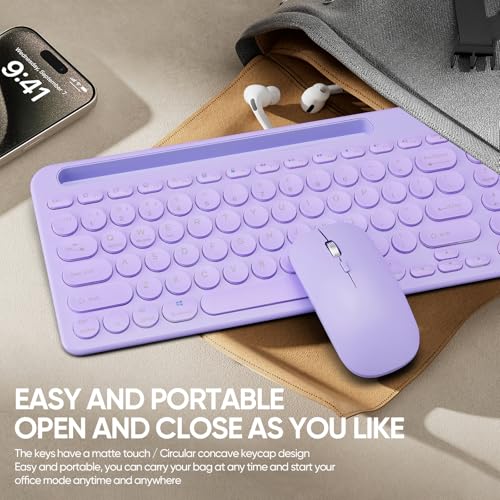 Wireless Keyboard and Mouse Combo with Phone Tablet Holder, Rechargeable Dual-Mode (Bluetooth 5.0 and 3.0 +2.4G) Multi-Device Silent Mouse for Windows, iPad, Tablet, MacOS,iOS,Android (Purple) - color: purple