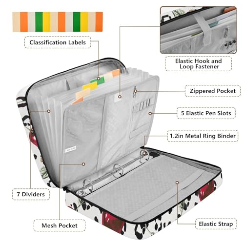 ALAZA Cherry Leopard Spots Zipper Binder with Handle, 7-Pocket Expanding File Folder, Detachable 3-Ring Binder, File Organizer for Home Office Work A4 Letter Size Paper Document