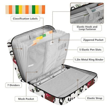 ALAZA Cherry Leopard Spots Zipper Binder with Handle, 7-Pocket Expanding File Folder, Detachable 3-Ring Binder, File Organizer for Home Office Work A4 Letter Size Paper Document