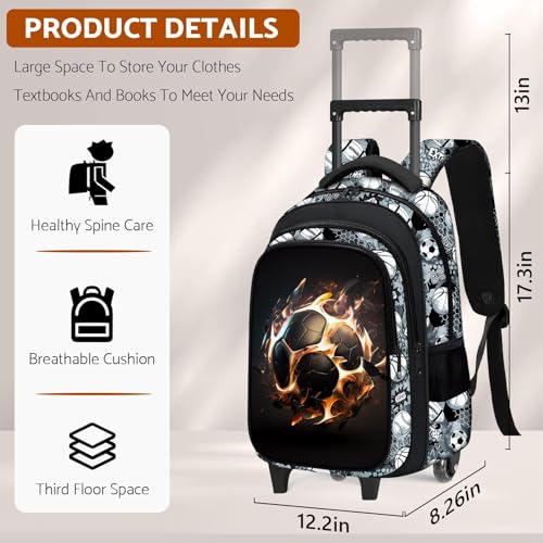 Boys Rolling Backpack for Kids - Soccer Kids Rolling Backpack with Wheels for Elementary Middle School Students - Sport Roller School Bookbag Aged 6-18, Wheeled Travel Bag Large Capacity - color: Soccer-002-backpack Only