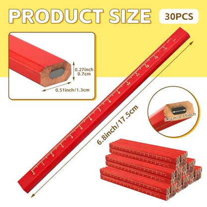 30 Pcs Carpenter Pencils - Octagonal Hard Black Woodworking Pencils, Heavy Duty Construction with 15cm Scale for Wood, Brick, Concrete Marking