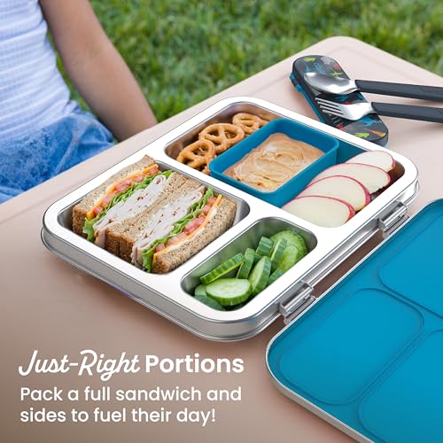 Bentgo Kids Stainless Steel Prints Leak-Resistant Lunch Box - 3-Compartments with Bonus Silicone Container, Durable, Eco-Friendly, Dishwasher Safe, BPA-Free, Ideal for School, Ages 3+ (Dinosaur) - color: Dinosaur