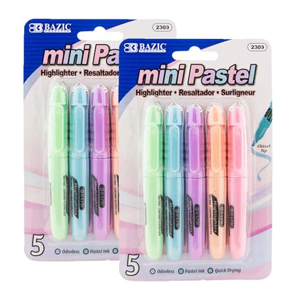 BAZIC PRODUCTS Mini Pastel Highlighters, Chisel Tip, 5 Count, 2-Pack | Quick-dry, assorted pastel mini highlighters, compact, cap clip, non-toxic ink, ASTM D-4236, odorless