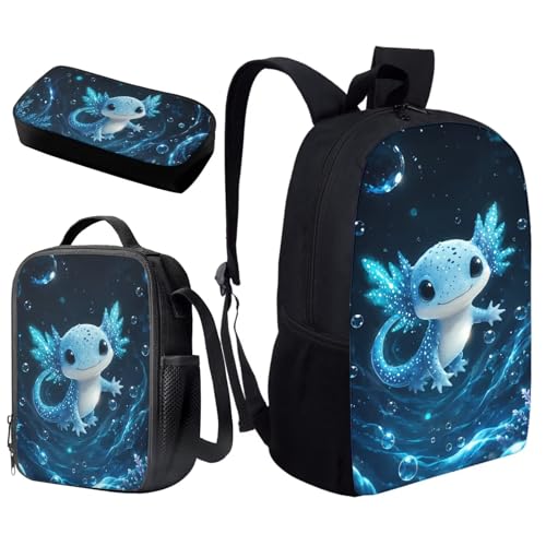 Blue Axolotl School Backpack Set 3Pcs Lightweight Casual Daypacks with Lunch Bag Pen Bag Set Portable Lunch Box Elementary Middle School Kids Backpack - color: Blue Axolotl-a