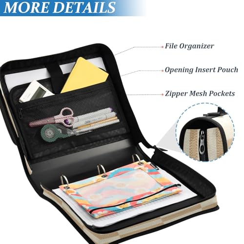 Checkered Beige 3 Ring Zipper Binder 500 Sheet Capacity Binder Organizer Multi-Pocket Expanding File Folder with Shoulder Strap & Handle