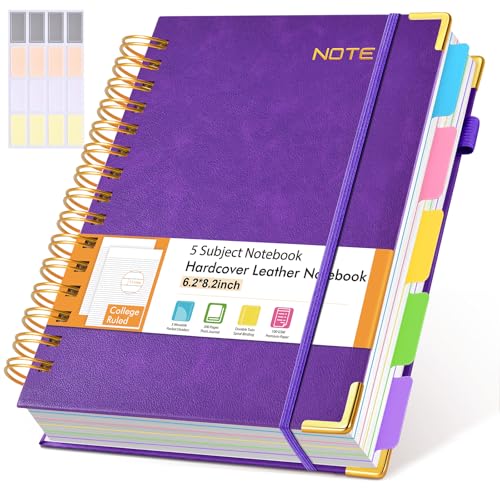 Hardcover Spiral Notebook with Removable Dividers Tabs, 300 pages Leather 5 Subject Notebook College Ruled, 6.2" x 8.2" Journal for Women Men, Small Notebooks for Work School Note taking,A5 Purple - color: Purple, size: A5（6.2" x 8.2"）