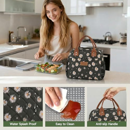HOMESPON Insulated Lunch Bag for Women Men, Cooler Tote Box, Black Daisy | Front Pocket, Side Mesh Pockets, Reusable, for Work, Picnic, Food Container - color: Black Daisy