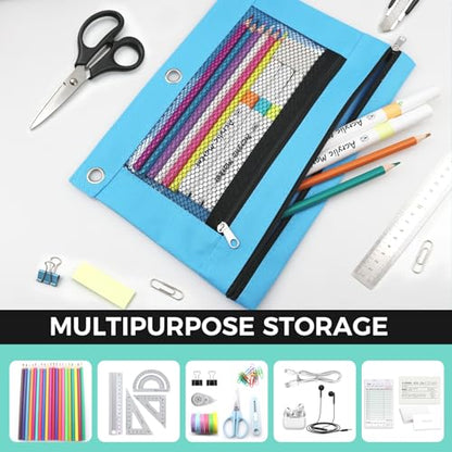 3 Ring Pencil Pouch for Binder, 2-Pocket Zipper Pencil Case with Clear Window & Mesh Pocket, 600D Oxford Fabric Binder Pouch for School Office Supplies, Fits Standard 3-Ring Binders, Sky Blue - color: Sky Blue
