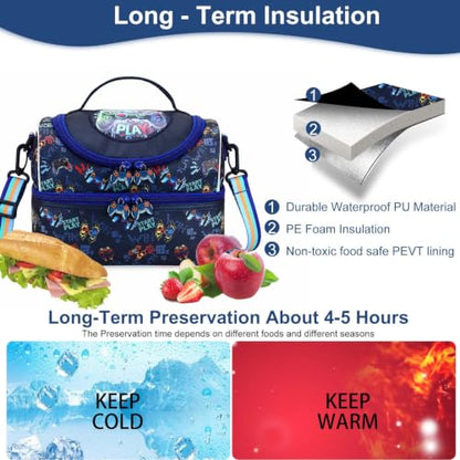 RHCPFOVR Kids Lunch Bag - Double Decker Cooler Insulated Lunch Box for Boys Girls,Washable Lunch Bag and Reusable Toddler Lunchbox for School and Daycare - color: Dark Blue Games