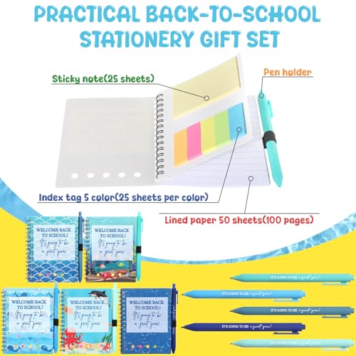 Dunzoom 40 Pcs Welcome Back to School Gifts Bulk Spiral Notebooks with Sticky Notes Motivational Pens First Day of School Notepads Party Favor for Teacher Student Classroom(Ocean Sea,Blue) - style: Ocean Sea