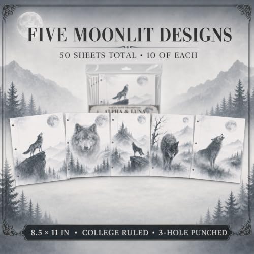Alpha & Luna Dark Fantasy Wolf Loose Leaf Paper, 50 Sheets, College Ruled