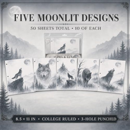 Alpha & Luna Dark Fantasy Wolf Loose Leaf Paper, 50 Sheets, College Ruled