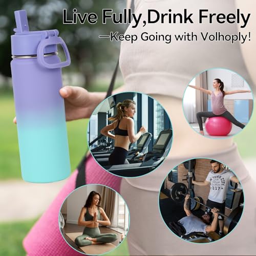 Volhoply 20oz Insulated Stainless Steel Water Bottle with Straw Lid, Kids Wide Mouth Double Wall Vacuum Cups with Handle,Reusable Outdoor Sports Metal Bottles,Camping Travel Flask(Purple Blue,1) - color: Purple Blue