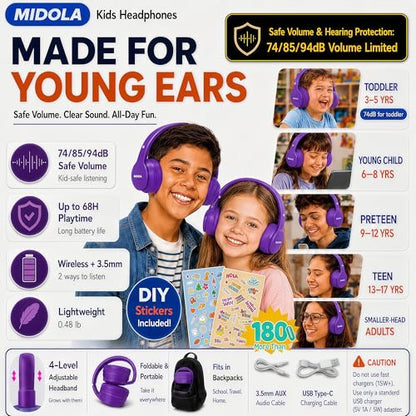 MIDOLA Kids Bluetooth Headphones 68H Play Time,Volume Limit 85/94dB, Foldable Lightweight Wireless Over-Ear Headphone for Kid Toddler Child Pad Tablet,Headsets with Built-in Mic Purple - color: Purple