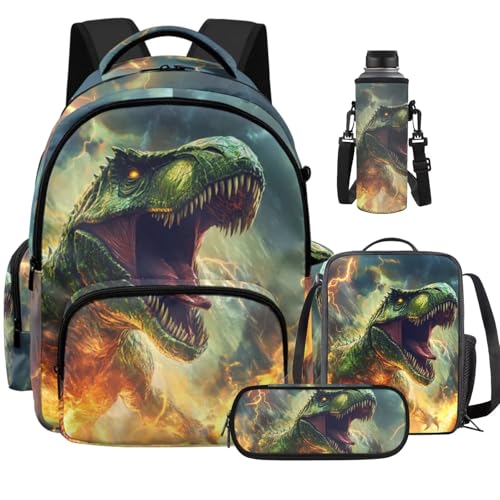 Cool Dinosaur Backpack for Kids 5-7 Boys Backpack with Lunch Box Water Bottle Carrier with Strap and Soft Pencil Case Elementary 4PCS Set Bookbag Front Side Pocket 17 inch School Bag - color: Cool Dinosaur