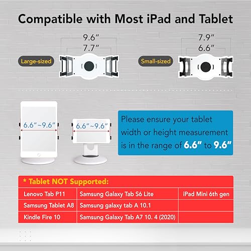 EHO iPad Stand, 360° Rotating Commercial Tablet Stand, Retail Kiosk, 6"-13"(Screen) Adapter Universal Tablet Clamp Holder for iPad, iPadAir, iPadMini, Microsoft Surface, Most Tablets - White - color: White