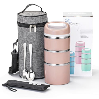 Lille Home Stackable Stainless Steel Thermal Compartment Lunch/Snack Box, 3-Tier Insulated Bento/Food Container with Lunch Bag, Utensils Set and Three Extra Seals, 43OZ (Gold with Utensils) - color: Gold with Utensils