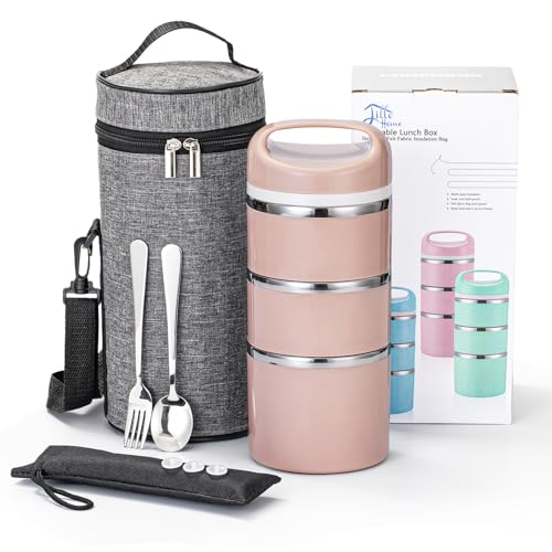 Lille Home Stackable Stainless Steel Thermal Compartment Lunch/Snack Box, 3-Tier Insulated Bento/Food Container with Lunch Bag, Utensils Set and Three Extra Seals, 43OZ (Gold with Utensils) - color: Gold with Utensils