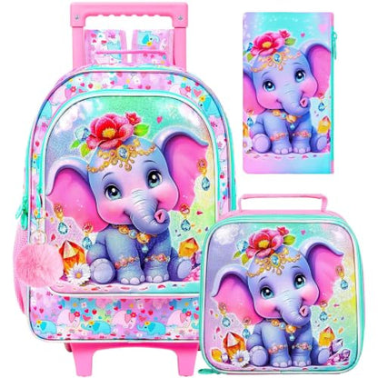 3Pcs Rolling Backpack for Girls, Elephant Roller Bookbag with Lunch Box, Kids School Backpacks with Wheels for Elementary Preschool(Pink) - color: Elephant Pink