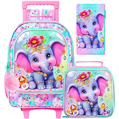 3Pcs Rolling Backpack for Girls, Elephant Roller Bookbag with Lunch Box, Kids School Backpacks with Wheels for Elementary Preschool(Pink) - color: Elephant Pink