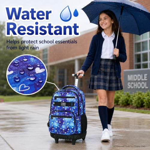 3Pcs Rolling Backpack for Girls, 19 Inche Women Roller Bag with Wheels for Adults, Wheeled Bookbag with Lunch Box(Blue) - color: Blue Love
