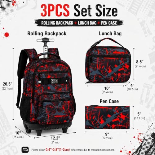3Pcs Rolling Backpack for Boys, 19 Inche Adults Roller Bag with Wheels, Graffiti Wheeled Bookbag Set for Men(Red) - color: Graffiti Red