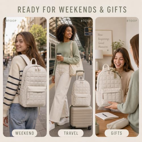 BTOOP School Backpack for Teens Large Cute Bookbag Lightweight 15.6 inch Laptop Bag for Girls Women Casual High School College - color: Beige-gray