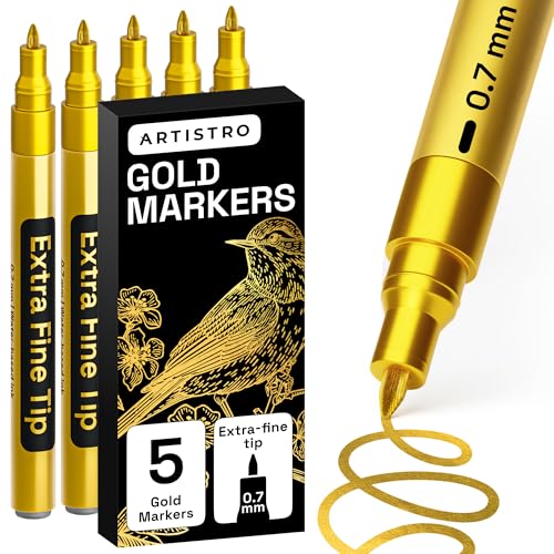 ARTISTRO 5 Gold Paint Pen for Rock, Glass, Ceramic, Wood, Tire, Fabric, Metal, Canvas, Marking, Painting - Set of 5 Acrylic Paint Markers Water-based - color: Gold, style: Extra Fine Tip