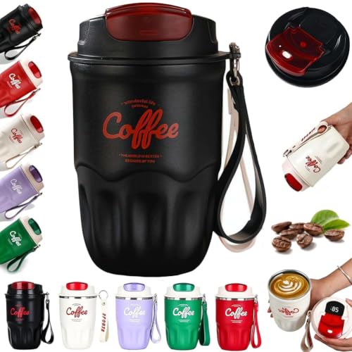 Coffee Vacuum Flask, Portable Coffee Cup with Lid & Handle,Stainless Steel Insulated Water Bottle,Travel Coffee Mug for Hot and Cold Drinks for Home, Office, Outdoor Travel, LED Temperature Display - color: Black