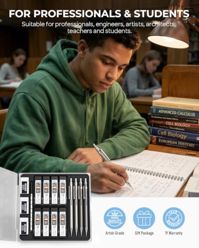 Nicpro 4 Pack Mechanical Pencil 0.7mm with Case, MB1000 Metal Mechanical Pencil Set with 6 Tube HB #2 Lead Refill 0.7 mm, 3PCS 4B Eraser, 9 Cap Eraser for Artist Drafting Writing, Sketching, Drawing - style: 4 Pack （0.7mm）