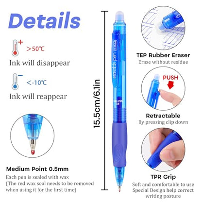12 Pack Clicker Erasable Gel Pens, Fine Point (0.5mm), 8 Black 4 Blue Ink with Eraser, Make Mistakes Disappear, Soft Grip for Students, Writing, Note Taking, School & Office Supplies - color: 8 Black 4 Blue