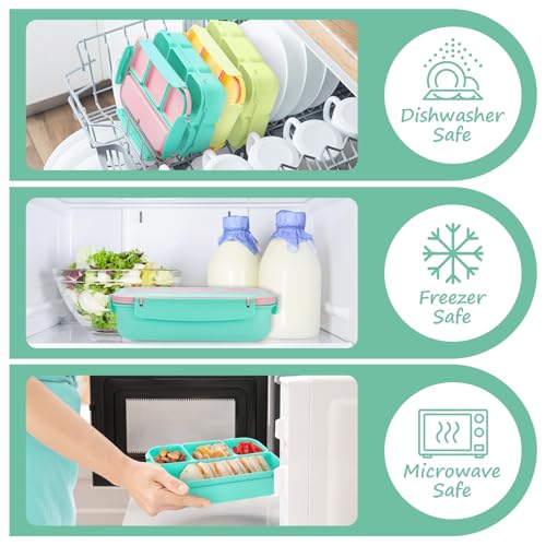 QQKO Bento Box for Kids Adults, School Toddler Lunch Box for Boys Girls, Lunch Box Containers with 4 Compartments, Sauce Container, Utensils, Food Picks and Muffin Cups for School, Pink Green - color: Pink Green