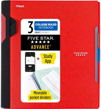 Five Star Advance Spiral Notebook + Study App, 3 Subject, College Ruled Paper, 8-1/2" x 11", 150 Sheets, Spiral Guard, Movable Tabbed Dividers, Fire Red (73134) (Pack of 6) - color: Fire Red, size: Pack of 6