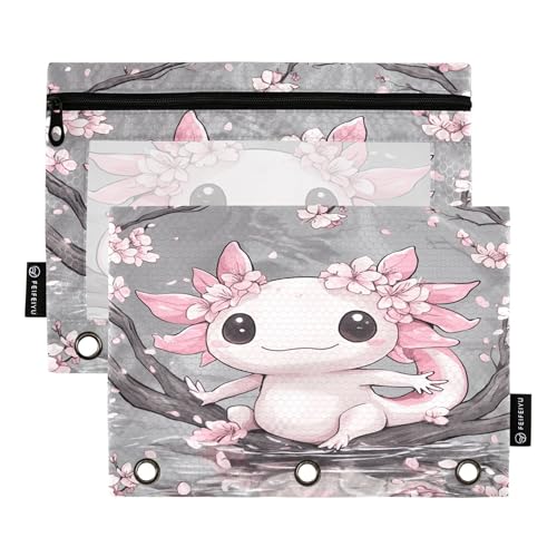 Cute Axolotl Cherry Blossoms Binder Pencil Pouch 3 Ring Clear Pouches with Zipper Pen Organizer for Office College School, 2 Pack - color: Multi-cute Axolotl Cherry Blossoms
