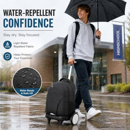 AGSDON Quiet Glide Rolling Backpack with Lunch Box Set - Large Wheel Water-Resistant Wheeled Bag for Business, Travel, and College | Black 3-in-1 Organizer Backpack - color: Reflective Black - Rolling Backpack