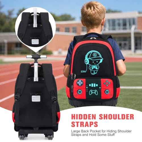 Bevalsa Rolling Backpack for Boys,Cool Luminous Gamer Roller School Backpacks with Lunch Box & Pencil Case,Kids Wheeled Schoolbag Bookbag with Wheels for Kindergarten Elementary School Travel - color: Red