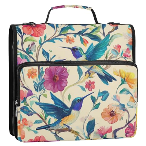 Hummingbirds and Colored Flowers 01 Zipper Binder 3 Ring 1.5 Inch School Binder Organizer with Shoulder Strap Handle File Folder Pockets Large Capacity Students Girl Boy Men Office Work - color: Hummingbirds and Colored Flowers