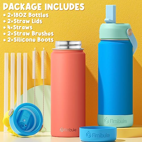Fimibuke Kids Insulated Water Bottle, 18oz BPA FREE Kids Cups with Straw Double Wall Vacuum Tumbler 18/8 Stainless Steel Leak Proof Toddler Water Bottle for School Boys Girls (2 Pack, Coastal) - color: B9. Coastal