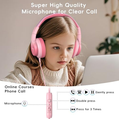 Candy Bila Kids Headphones, Wired Headphones for Kids Over Ear with Microphone, Foldable Headphone for Learning & Entertainment, Light Pink - color: Light Pink