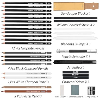 GETHPEN Sketch Pencils for Drawing,34 Pcs,Graphite Pencil (14B-4H), Charcoal Pencil,With Graphite Sticks, Erasers and Sharpener, Art Pencils for Sketching,Artist Set for Beginners and Professionals